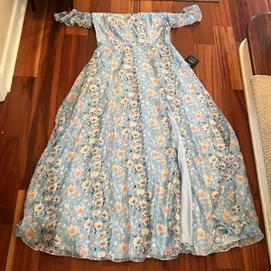 Ladies blue floral formal floor length gown